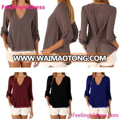 Sexy New Fashion Summer V Neck Chiffon Long Sleeve Woman Blouse